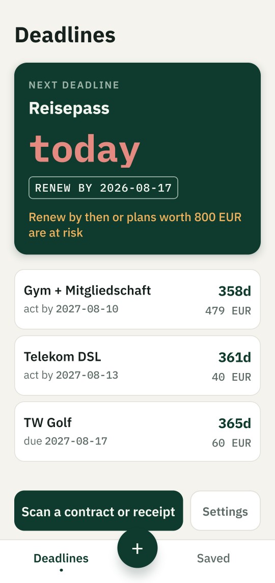 ActBy app deadline list: the next deadline is due today, renew by 2026-08-17 or plans worth 800 EUR are at risk